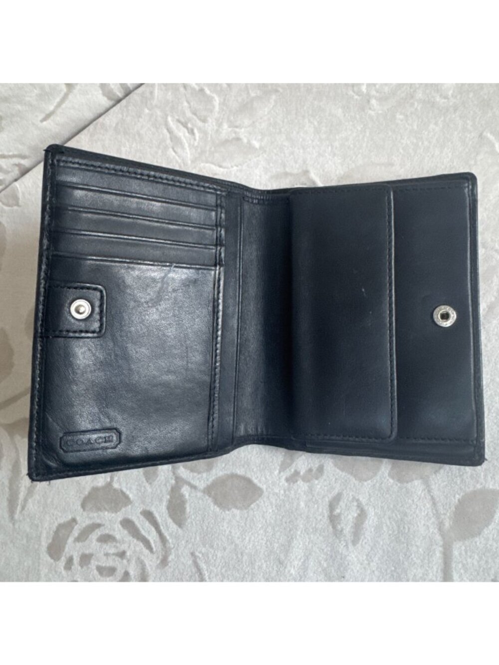 Coach Signature Black Leather & Beige Canvas Wallet Snap Medium Bifold Wallet - Picture 3 of 6